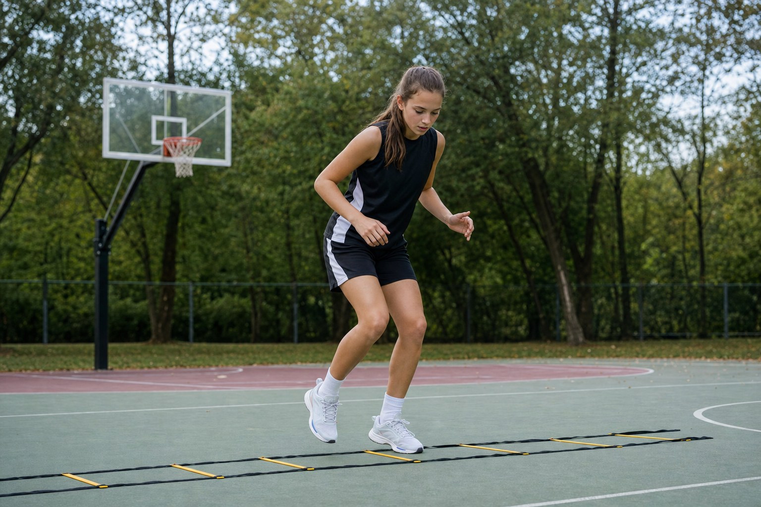 A high school basketball player practicing controlled footwork on a court