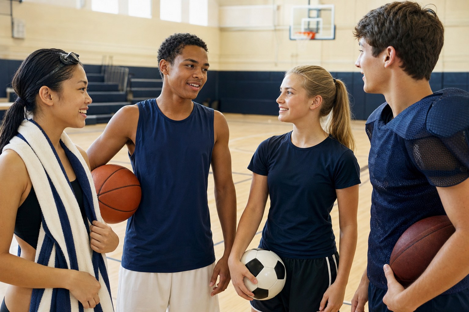 High school athletes preparing together in a gym before practice