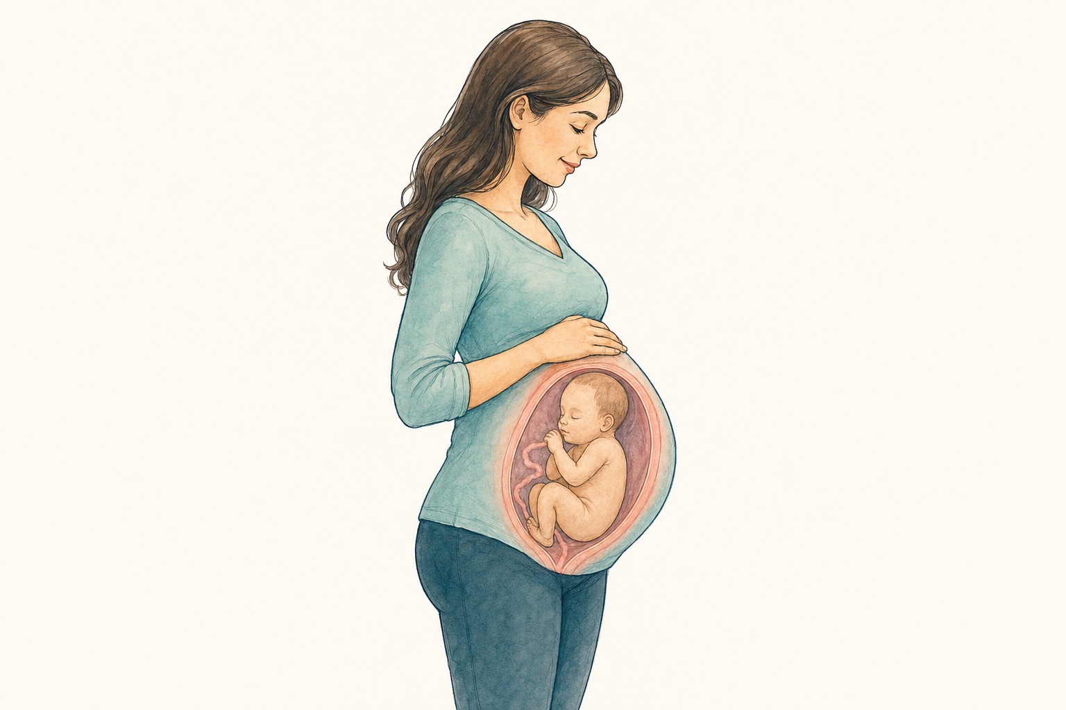 Illustration of a pregnant mother with a cutaway showing a breech baby in a head-up position