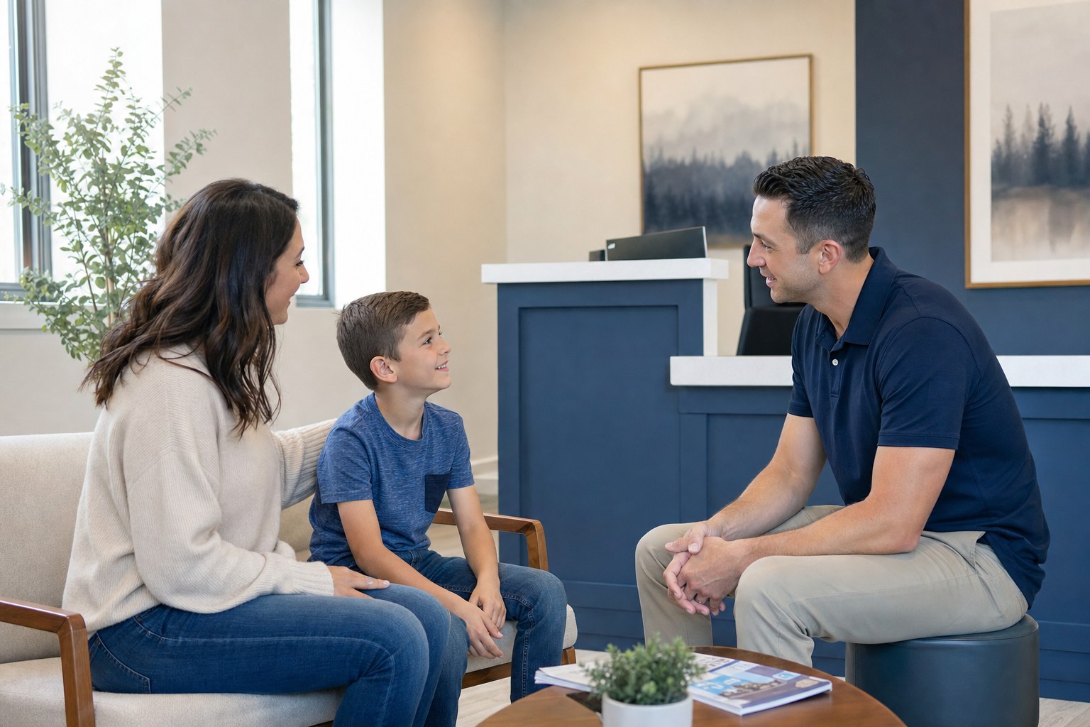A family speaking with a chiropractor in an office