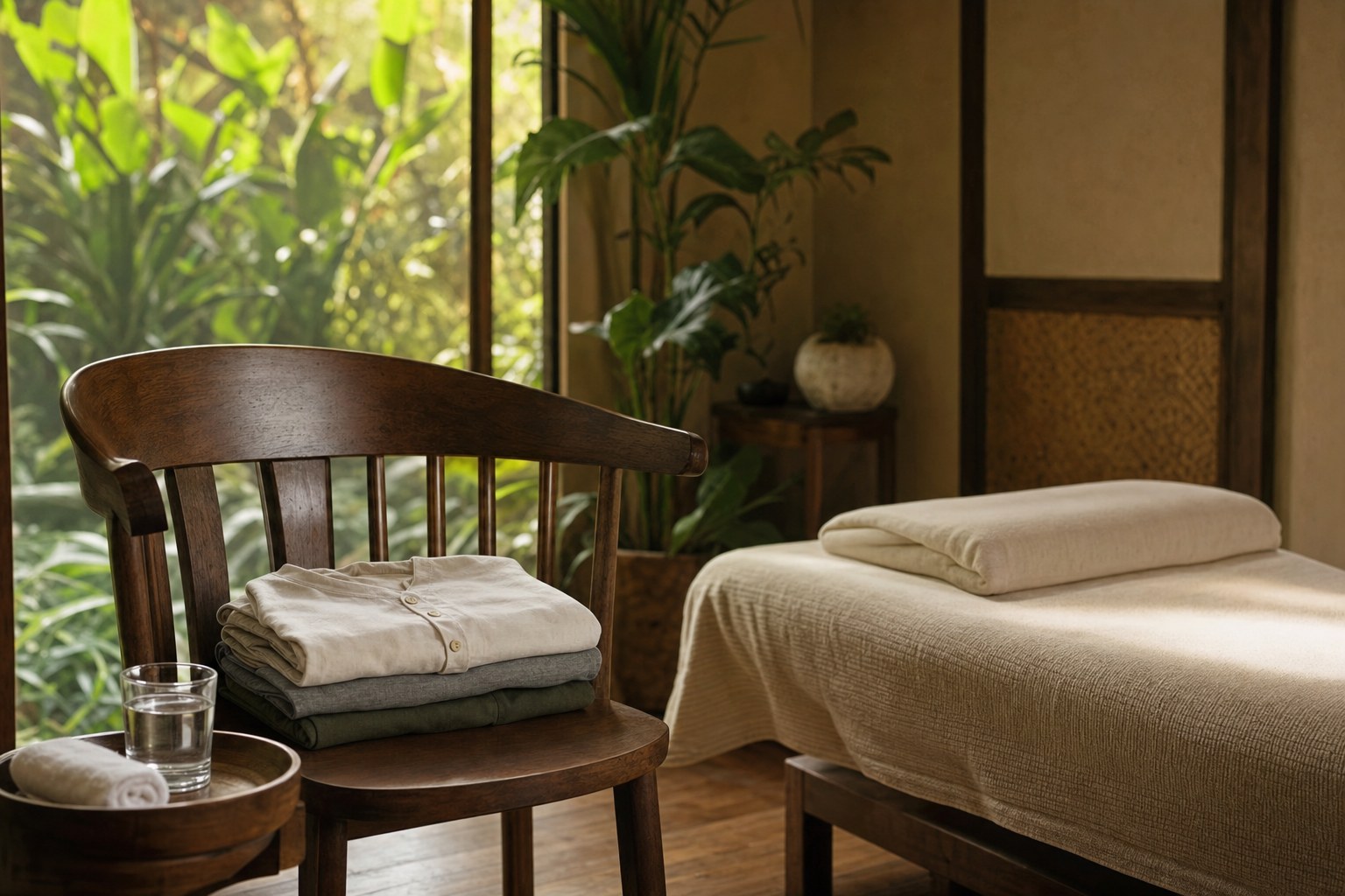 A quiet massage studio arrival area with folded clothing, water, and a wooden chair