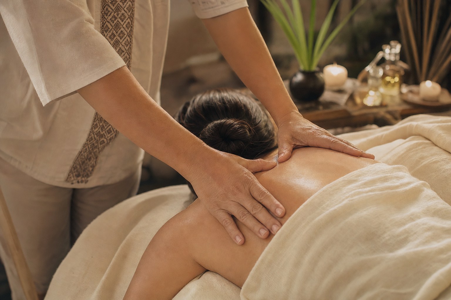 Therapist’s hands offering calm shoulder massage in a private treatment room