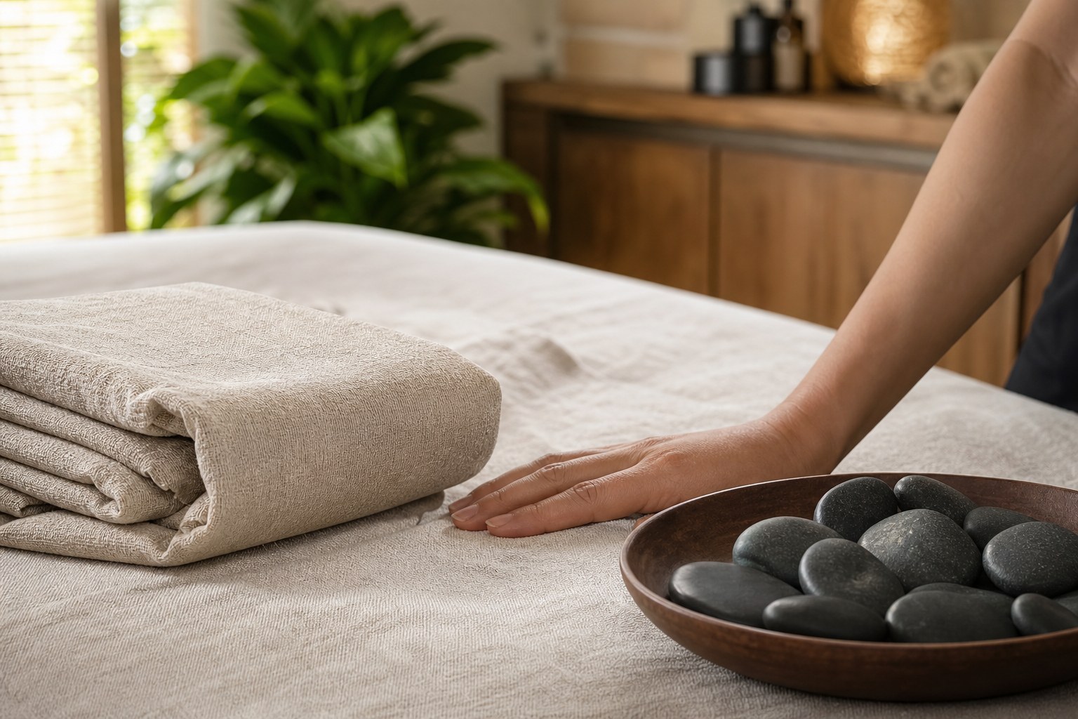 Folded linen, smooth stones, and a therapist’s hand in a warm private treatment room