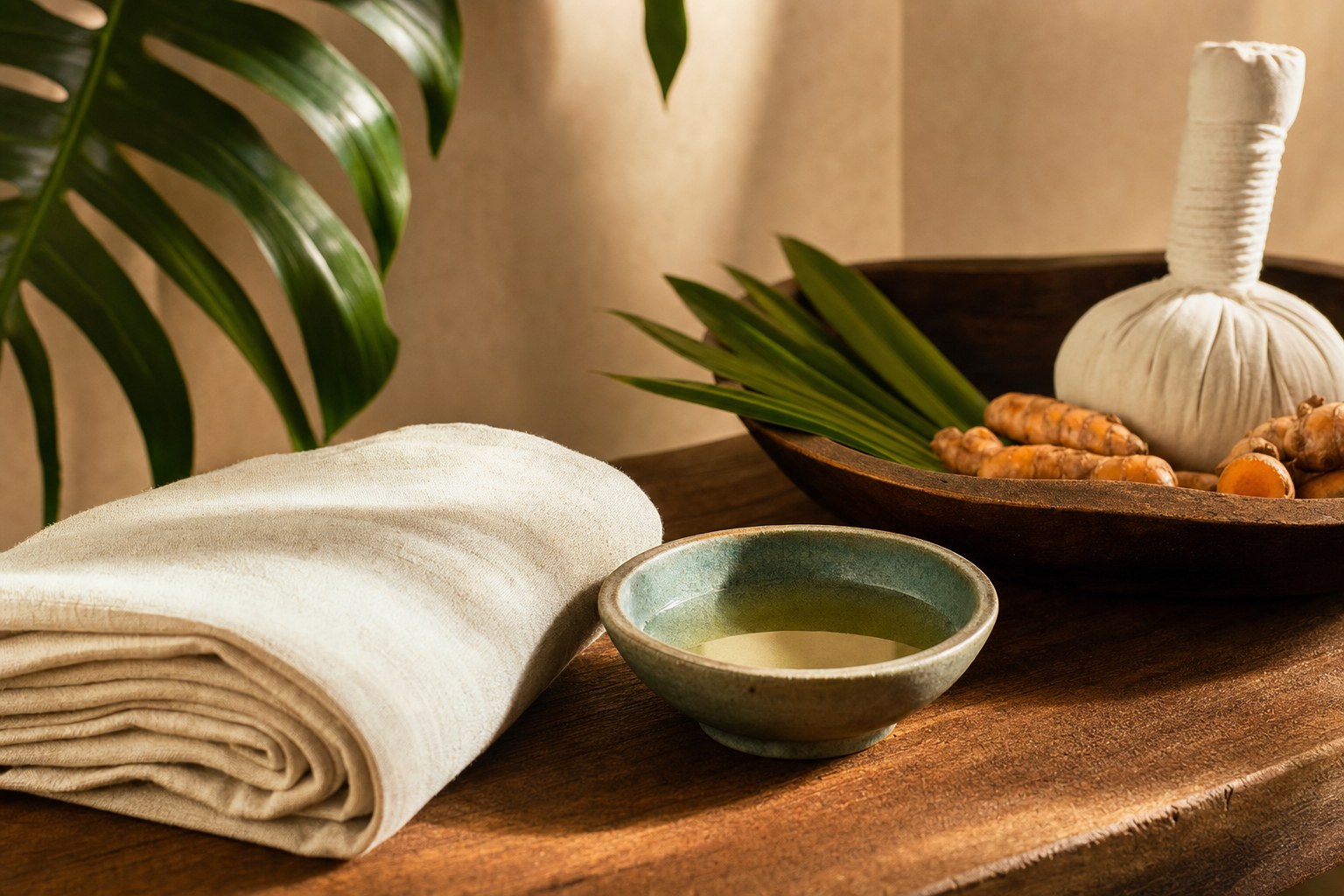 Folded linen, tropical leaves, and a ceramic bowl in a warm massage studio