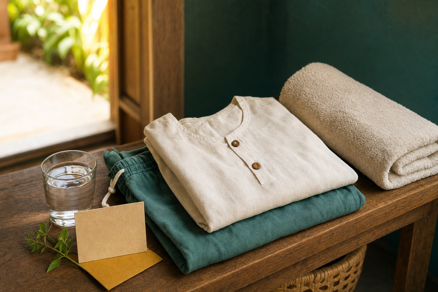 Comfortable clothing, a glass of water, and folded towels prepared in a quiet massage studio