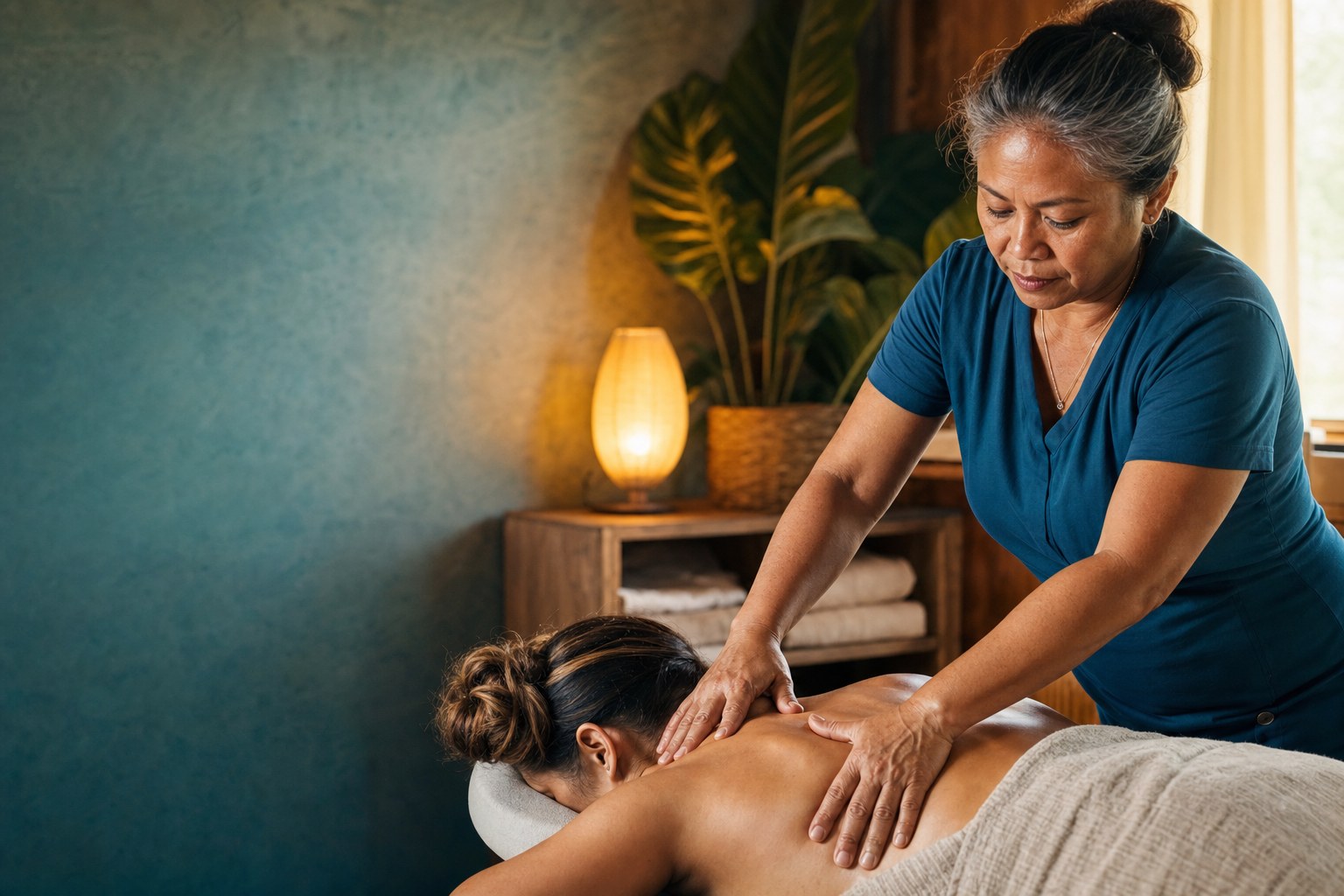 Illustrative therapeutic massage treatment in a warm private studio