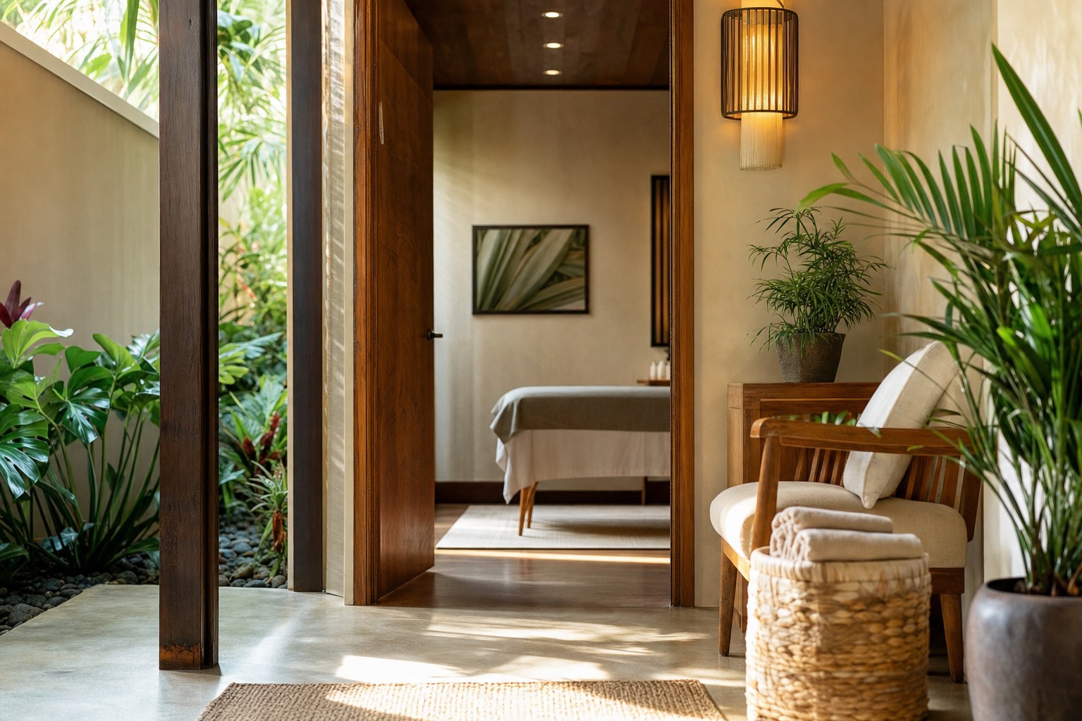Illustrative private massage studio with warm wood and tropical greenery