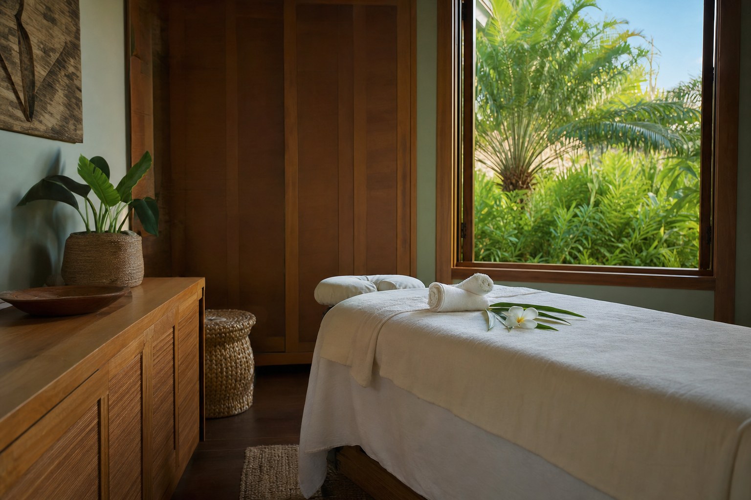 Private massage treatment room prepared with fresh linens in Lihue