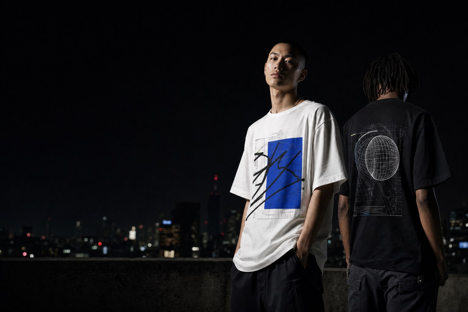 Nighttime streetwear campaign with two models in graphic apparel