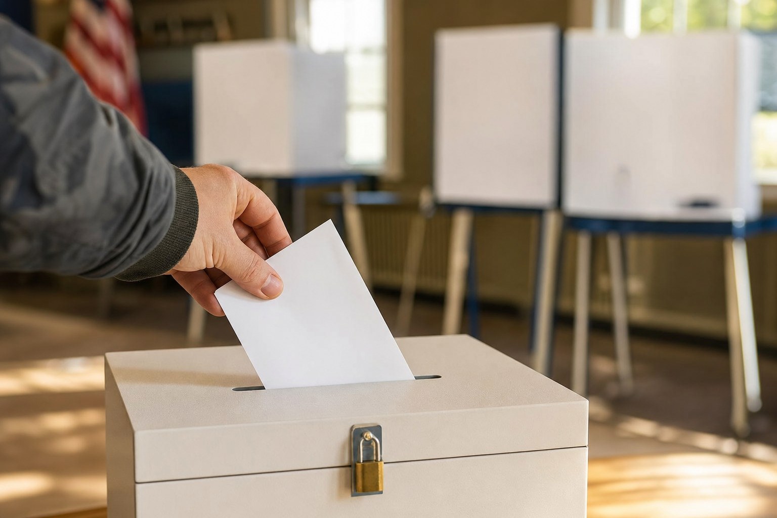 An anonymous voter placing an unmarked ballot into a secure ballot box at a polling place