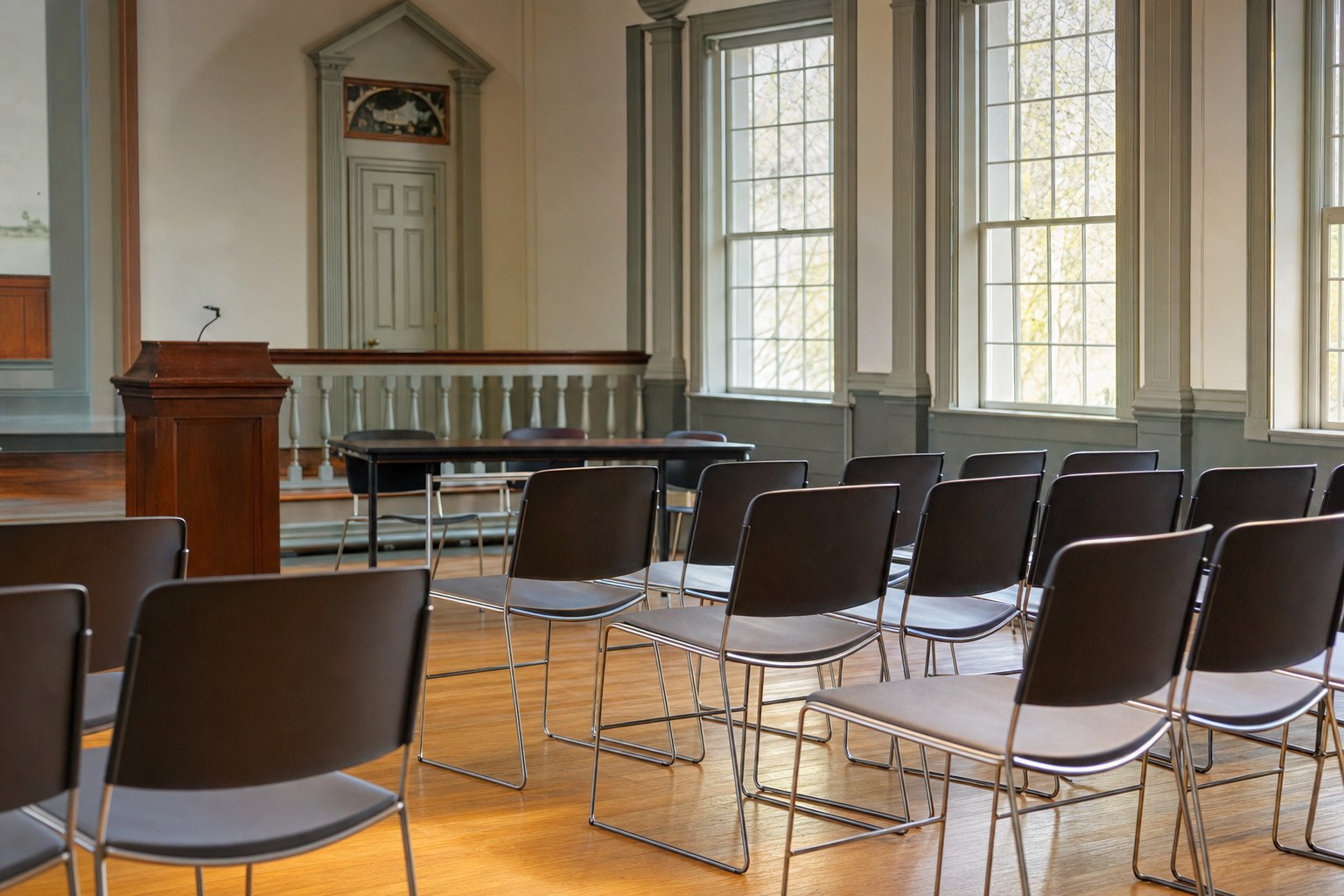 Sunlit New England town hall meeting room with rows of chairs and a wooden podium