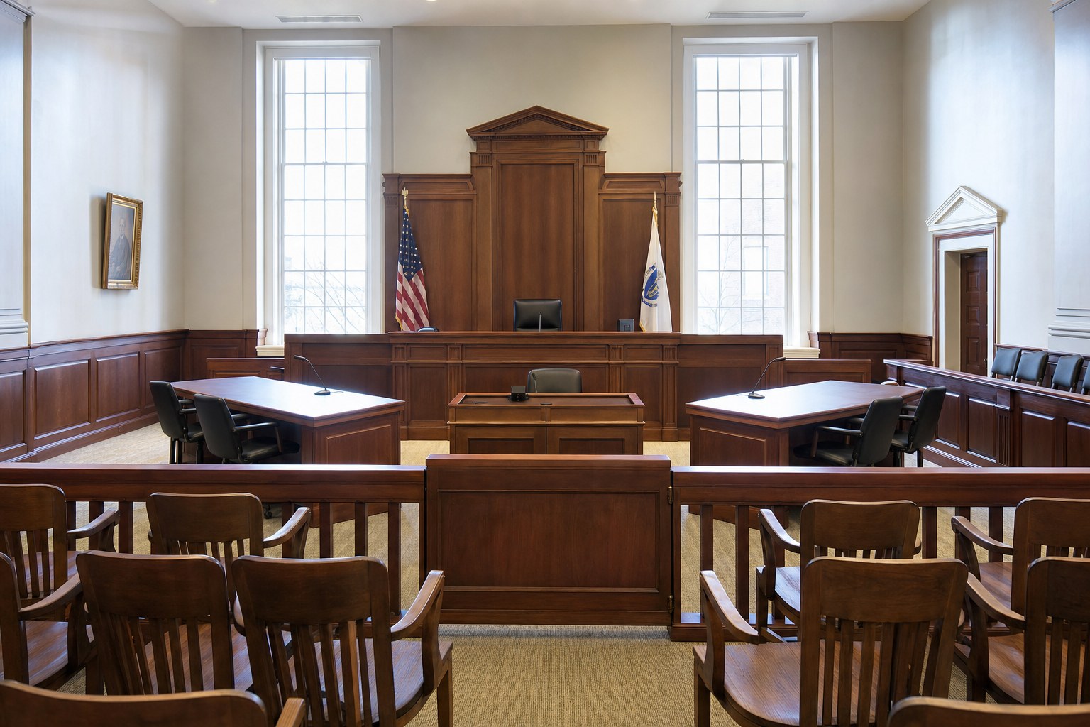 Empty Massachusetts-style courtroom with a judge's bench, counsel tables, and public gallery