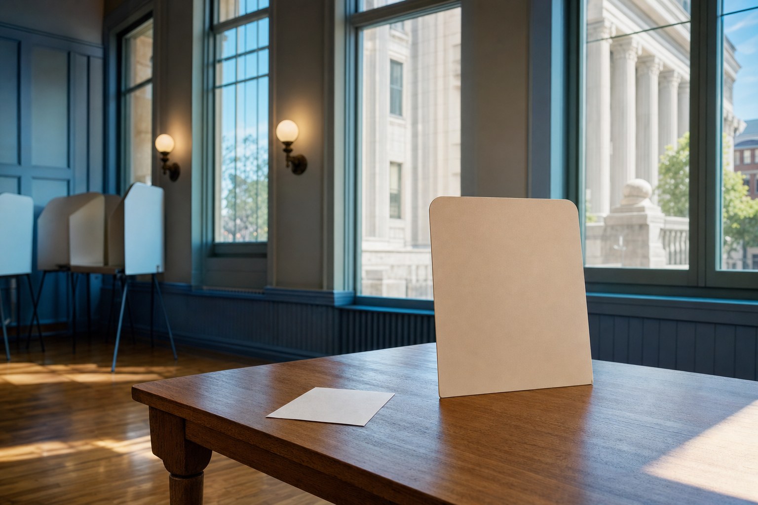 Quiet New England polling place with ballot privacy screens and a courthouse beyond the windows