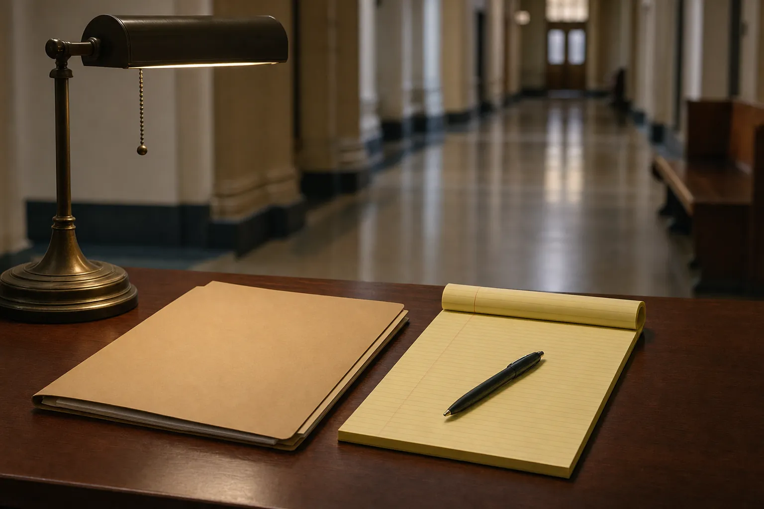 Closed file folder, blank legal pad, pen, and desk lamp on a courthouse worktable