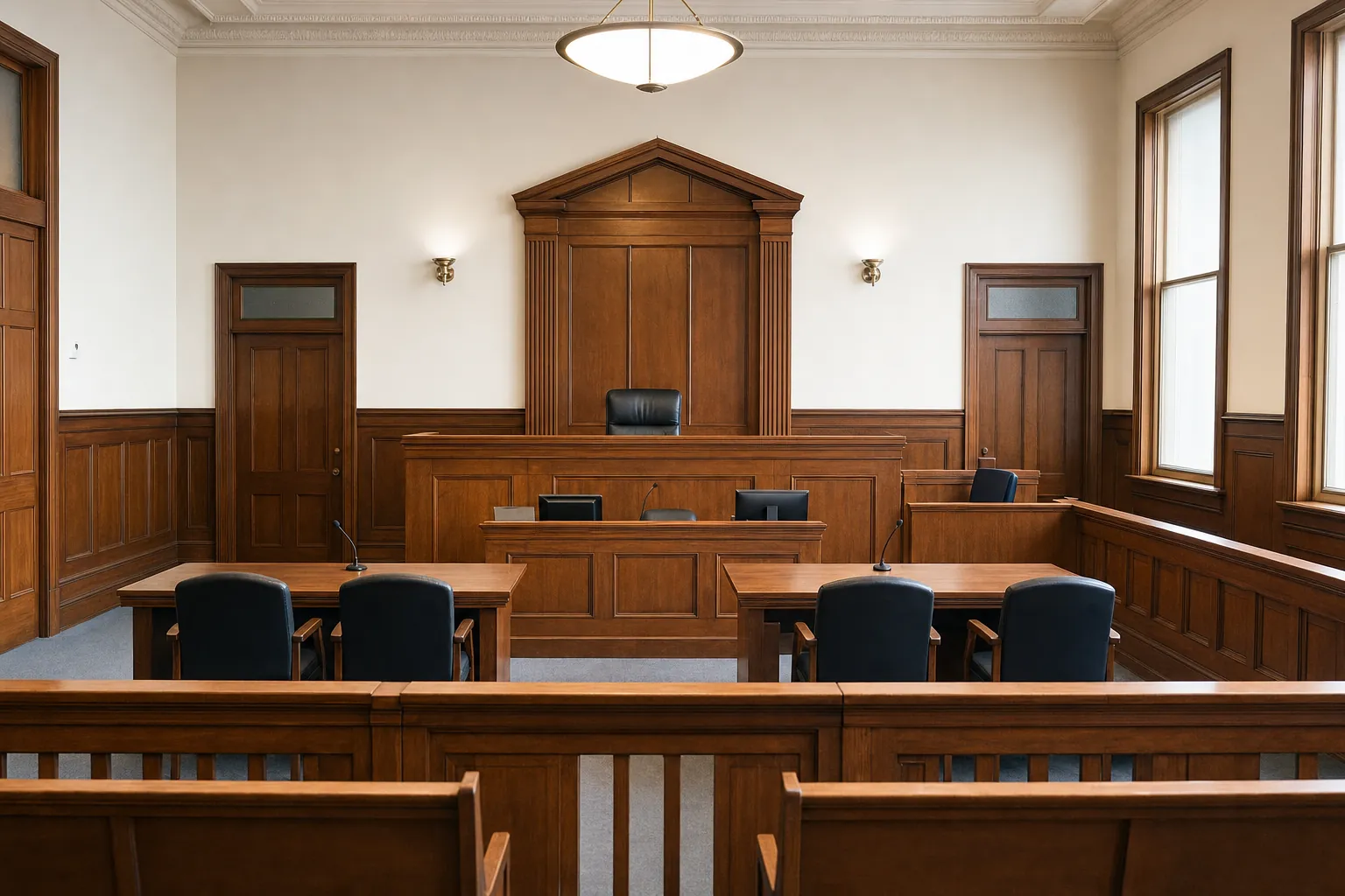 Empty courtroom with a judge's bench, clerk desk, counsel tables, and public gallery