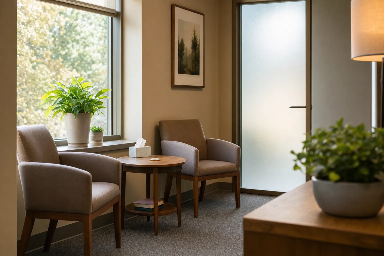 Private waiting area with two chairs and a small table near a frosted glass door