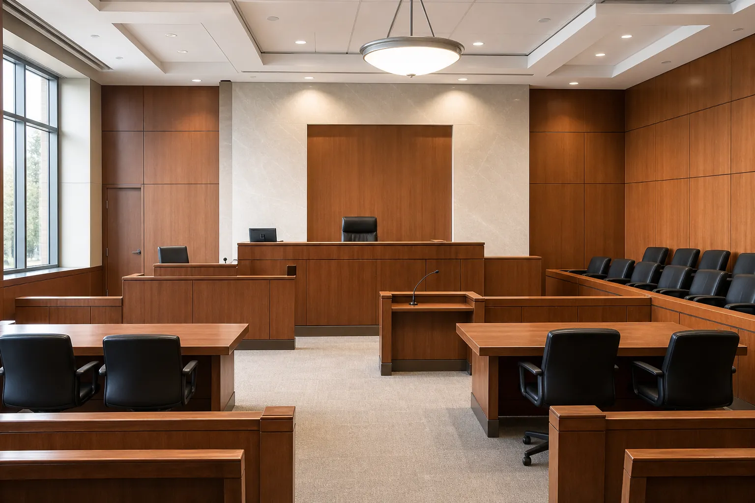 Empty courtroom with counsel tables, witness stand, judge’s bench, and jury box