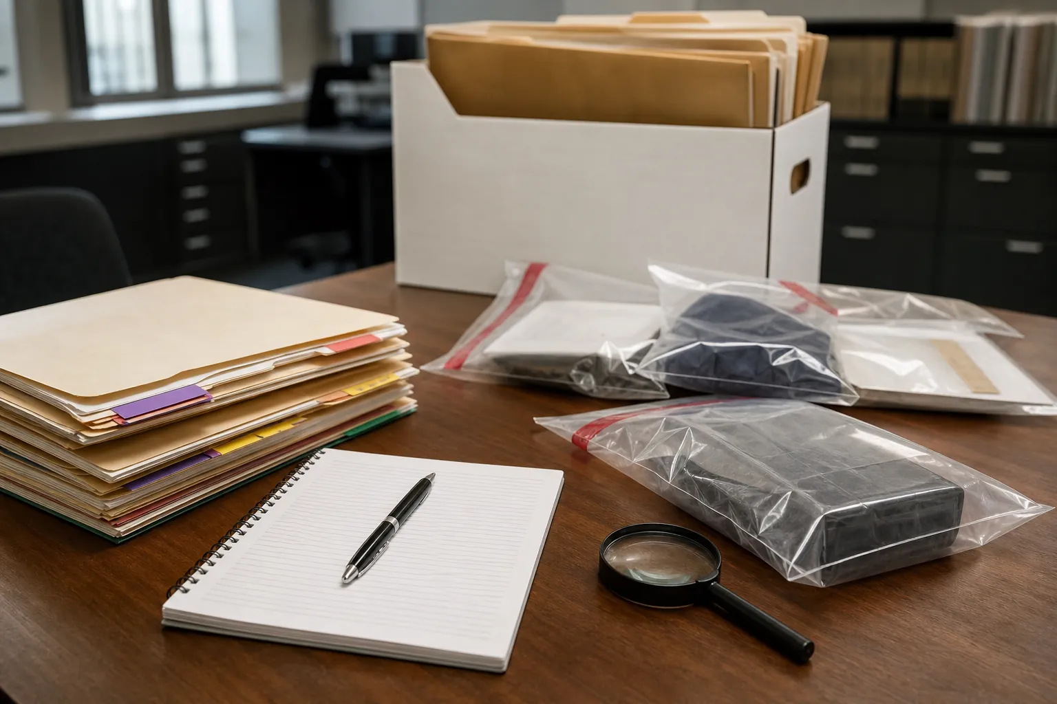 Case folders, sealed evidence bags, notebook, and magnifying glass on a courthouse review table