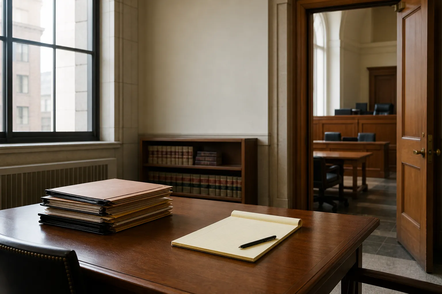 Case files and a legal pad on a courthouse worktable