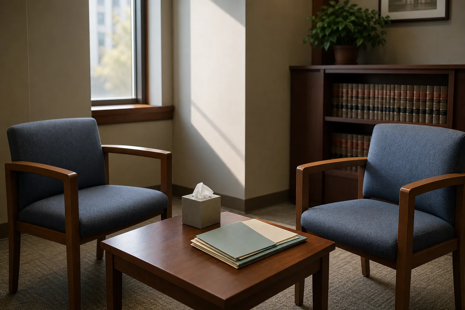 Quiet courthouse meeting room with two chairs, a small table, and resource folders