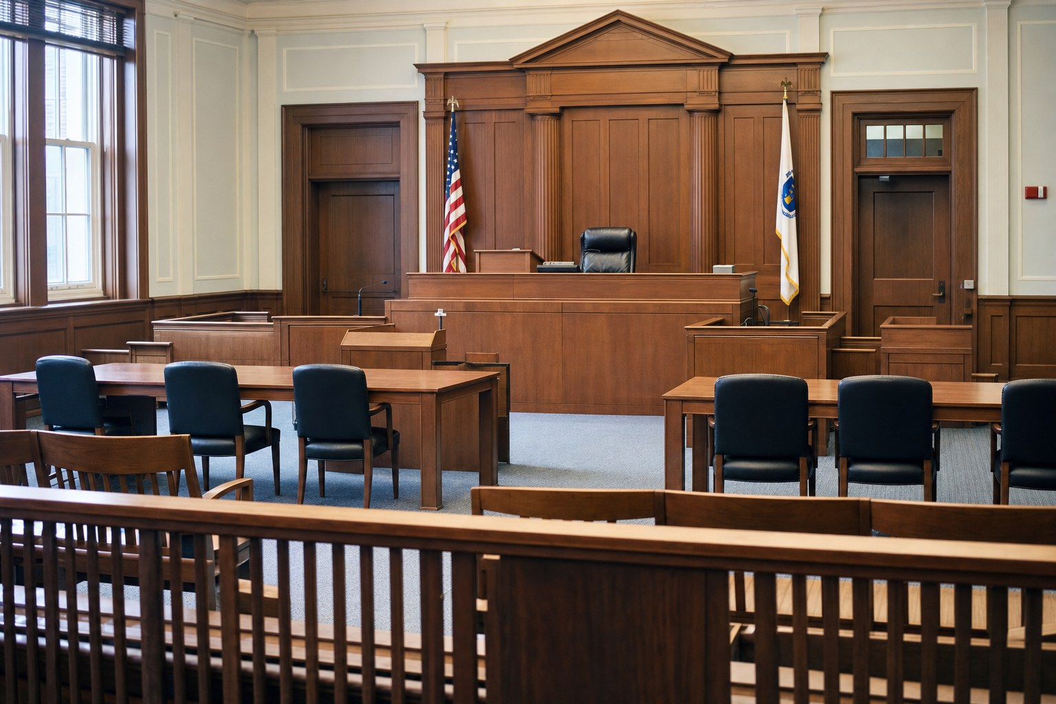Empty courtroom viewed from the public gallery with counsel tables, witness stand, and judge's bench