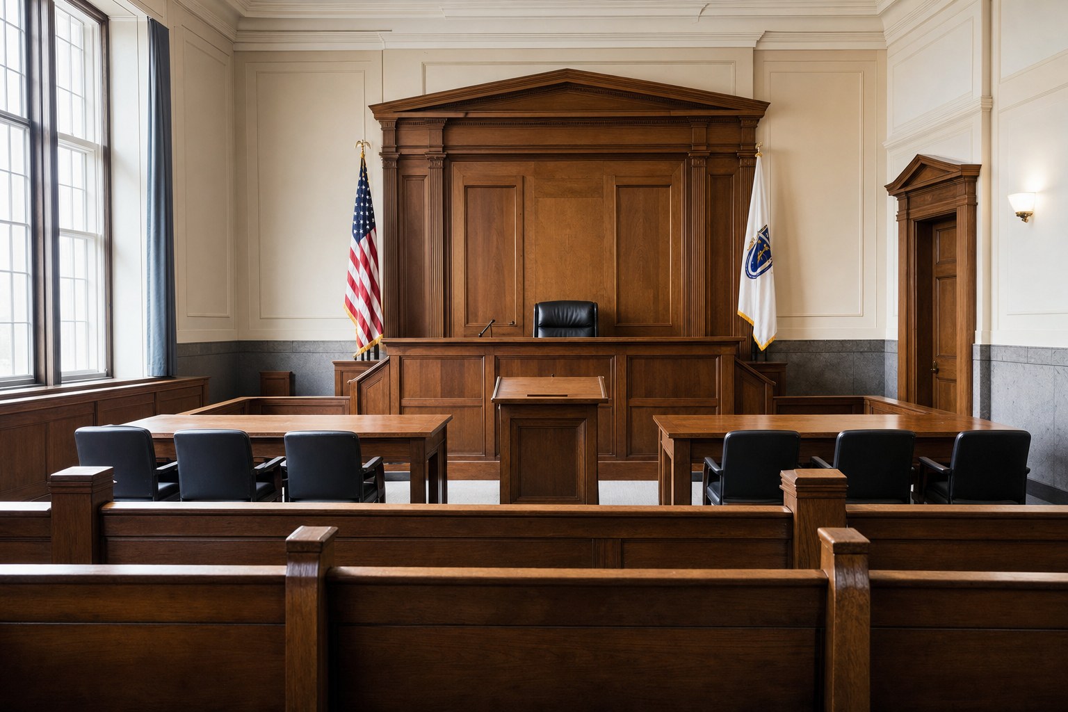 Empty New England courtroom with judge's bench, counsel tables, and public gallery benches