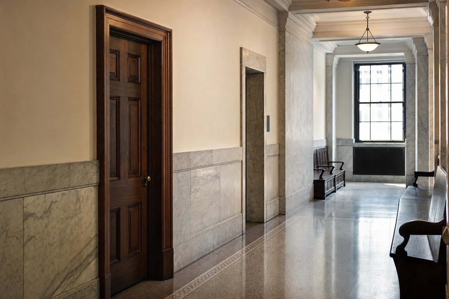 Quiet courthouse hallway with wooden courtroom door, benches, and daylight through tall windows