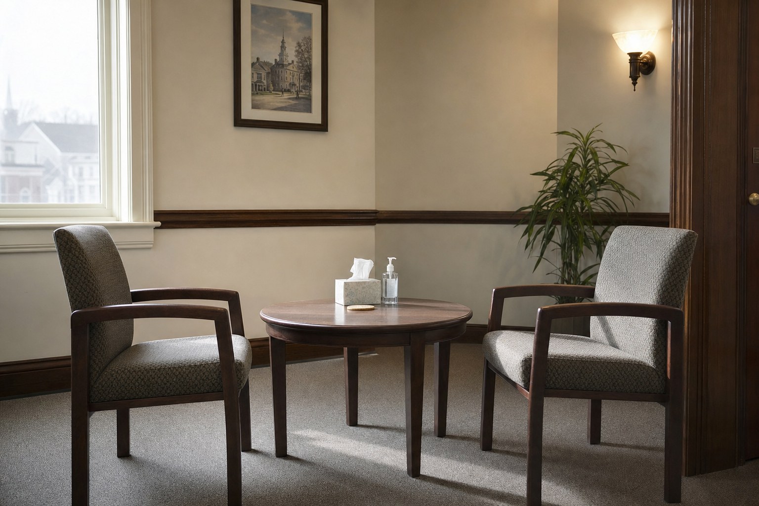 Quiet courthouse meeting room with two chairs and a small round table