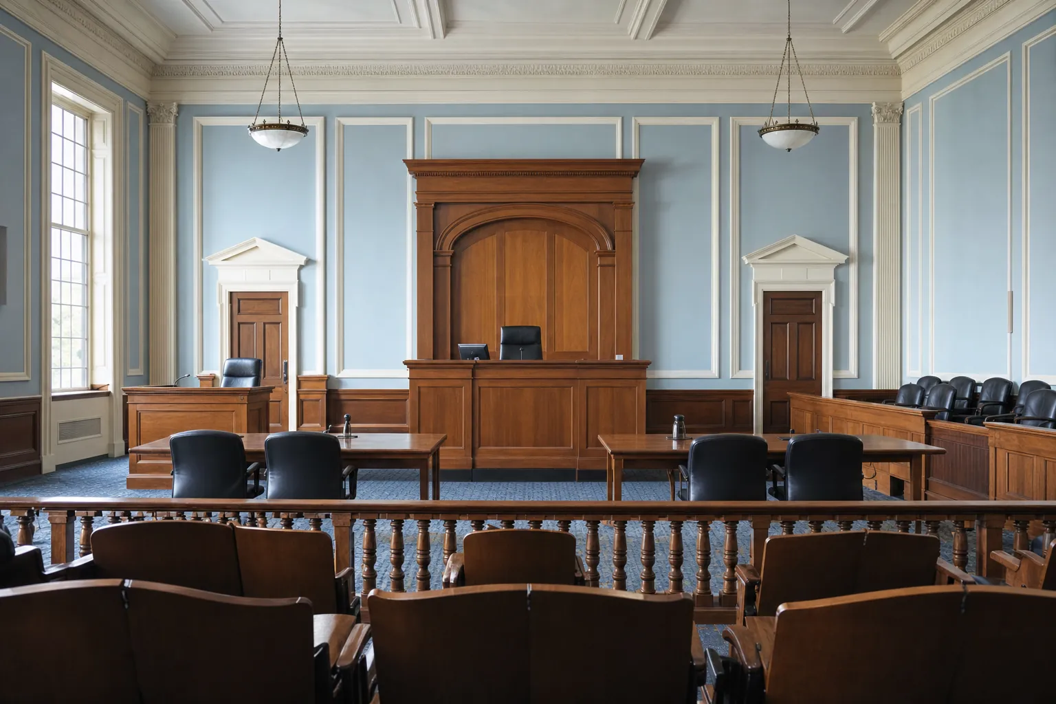 Empty courtroom showing the judge’s bench, counsel tables, witness stand, and jury box