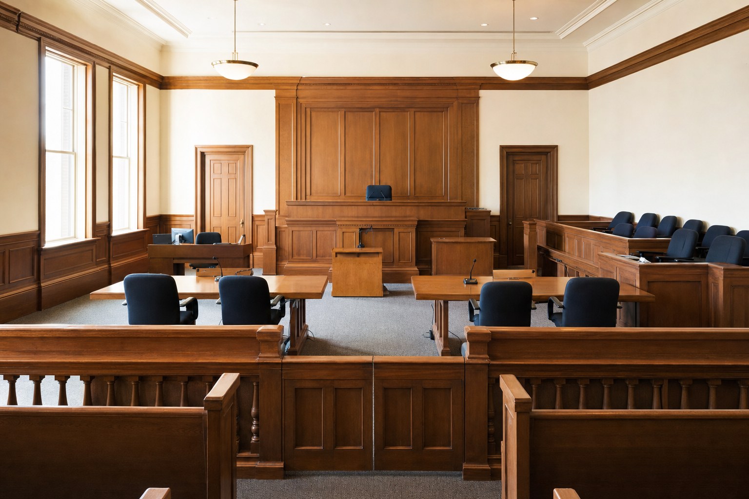 Empty New England courtroom prepared for a criminal jury trial