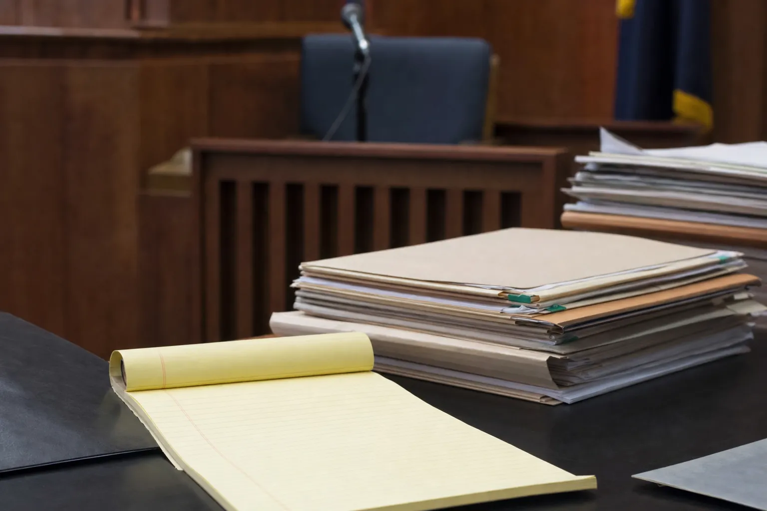 Case files and a legal pad at a courtroom evidence table