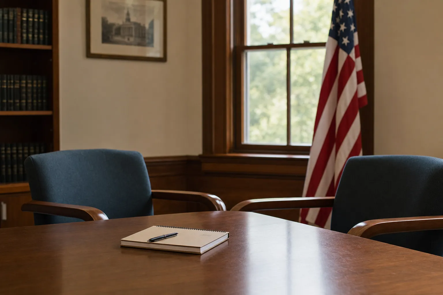 Quiet public-service meeting room with two chairs in a courthouse