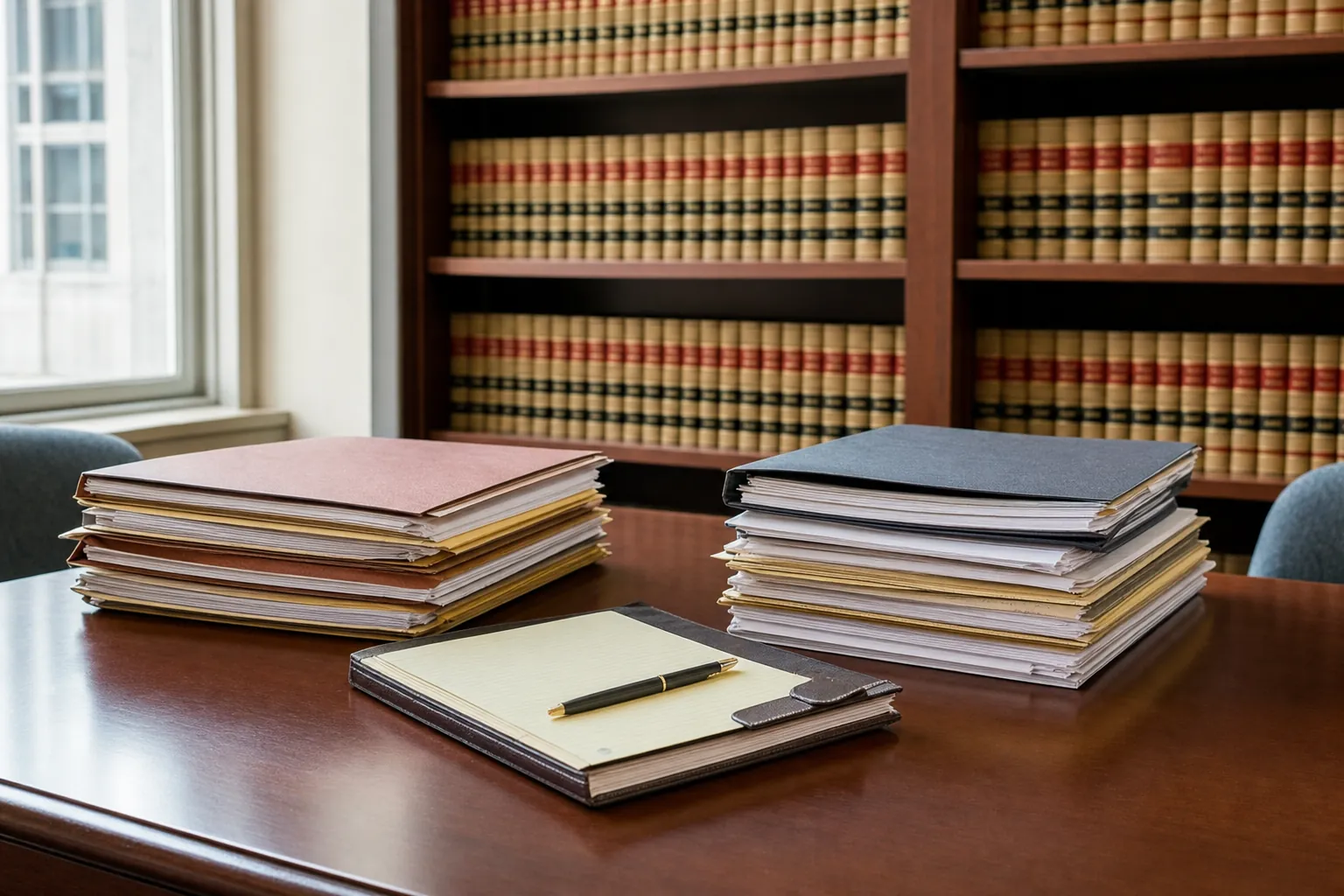 Organized legal files and notebook on a table in a courthouse law library