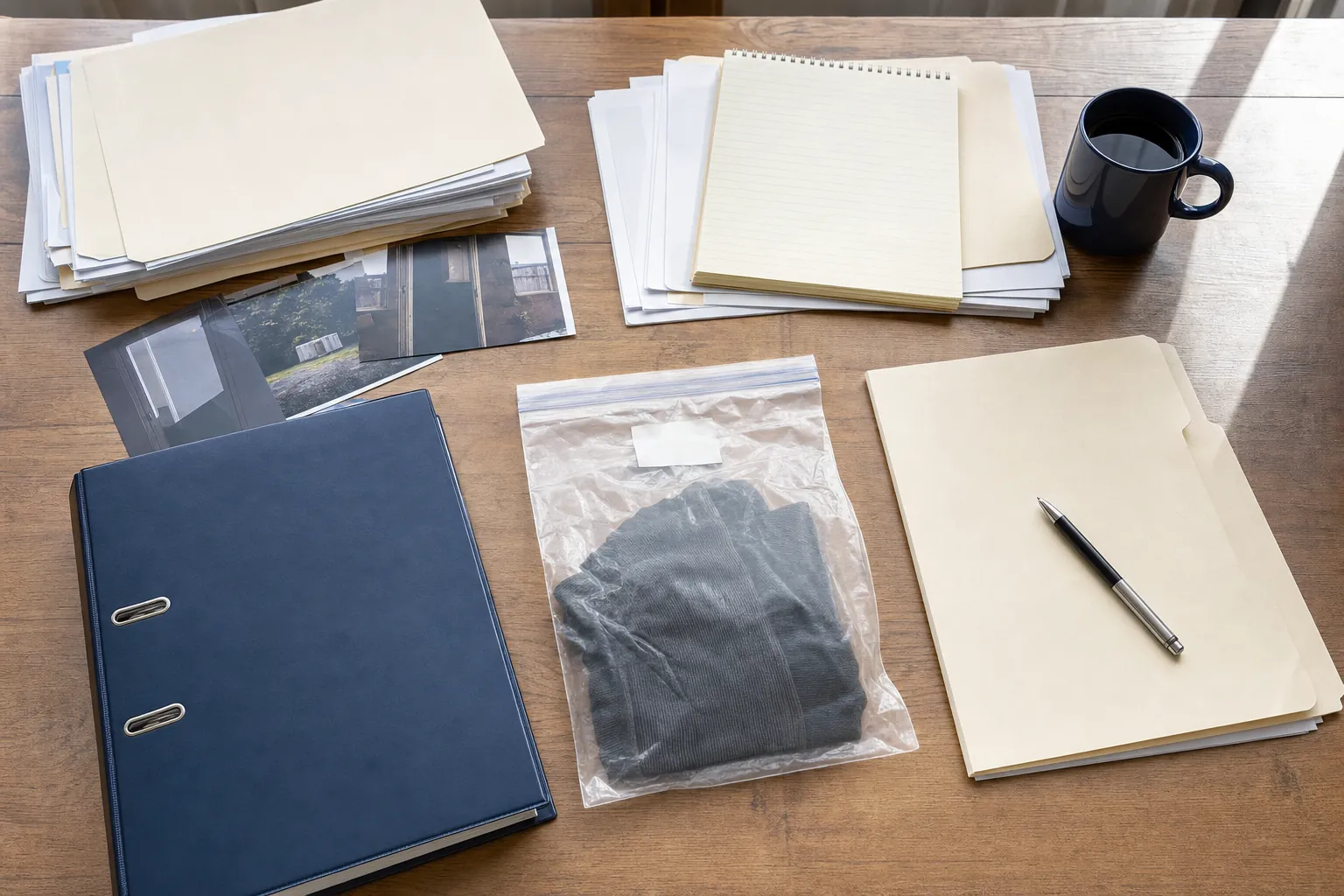 Case folders, legal pad, and evidence materials arranged for careful review