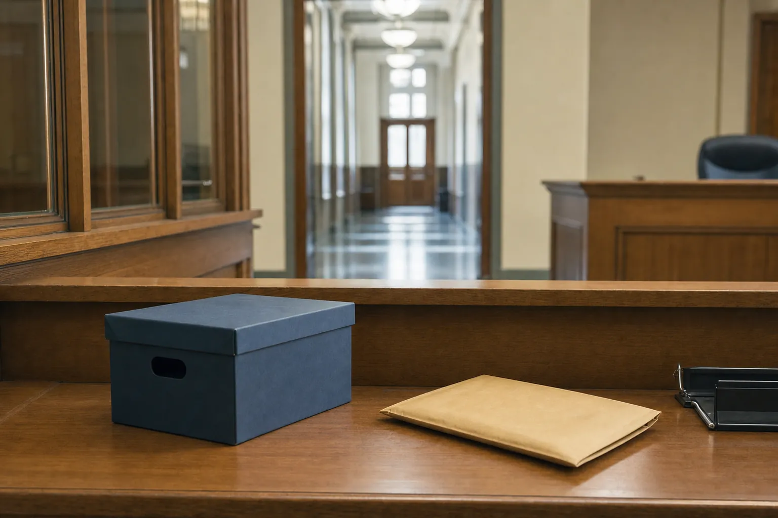Courthouse records counter with a closed case box and sealed envelope