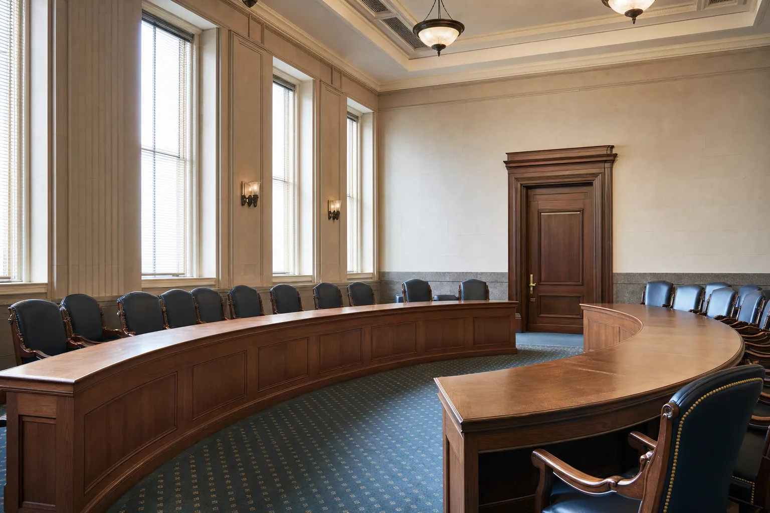 Empty courthouse deliberation room with curved wooden jury tables