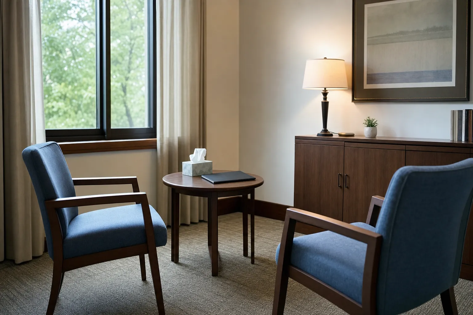 Private support room with two chairs, a small table, and a closed resource folder