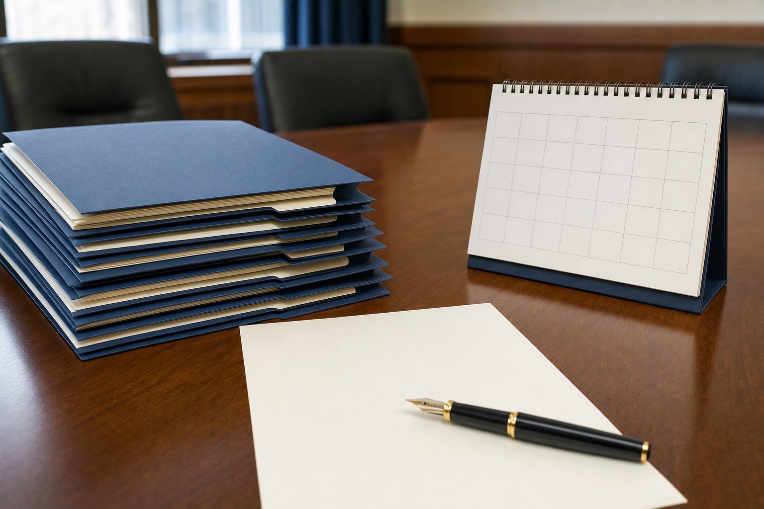 Unmarked legal case folders, a blank calendar, and a fountain pen on a conference table