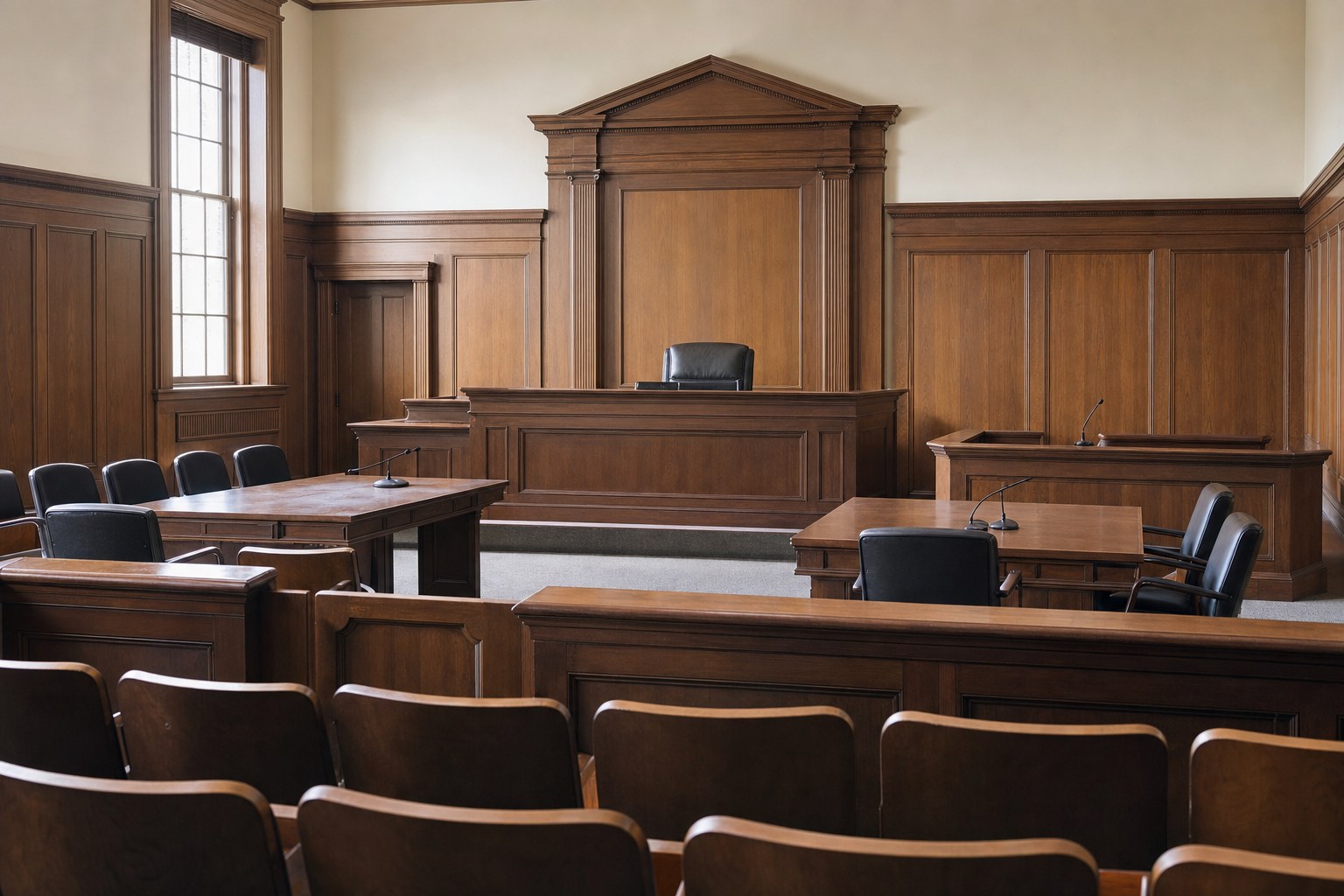 Empty wood-paneled courtroom with judge's bench, counsel tables, witness stand, and public gallery