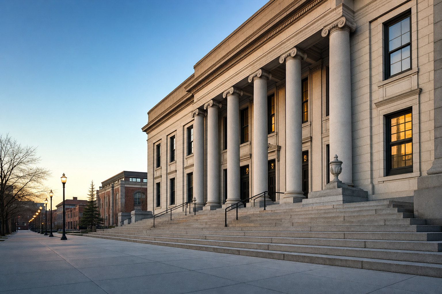 Empty New England courthouse exterior at first light