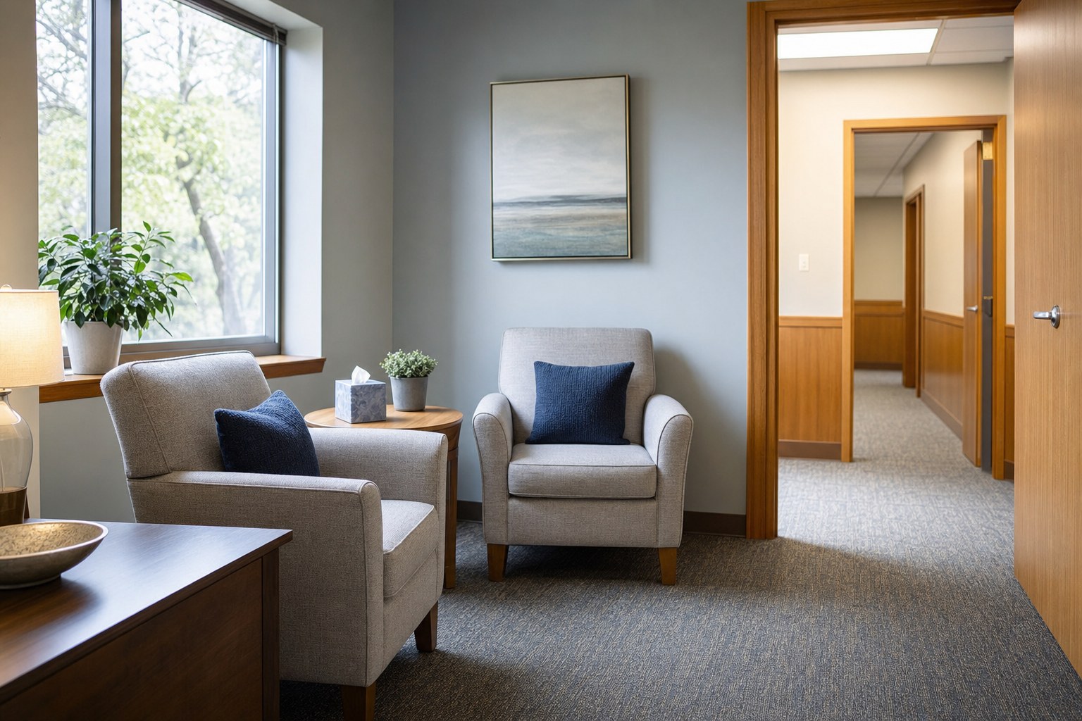 Quiet support room with two chairs, a side table, and daylight from a large window
