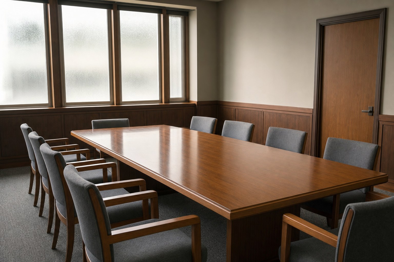 Empty courthouse deliberation room with a long wood table and plain chairs