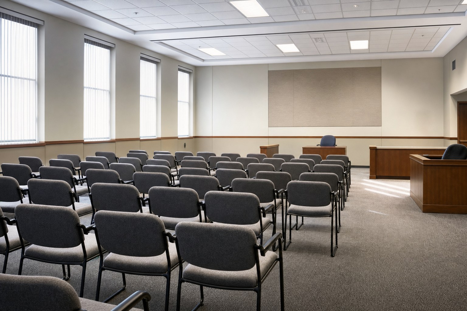 Empty courthouse assembly room with orderly rows of chairs prepared for prospective jurors