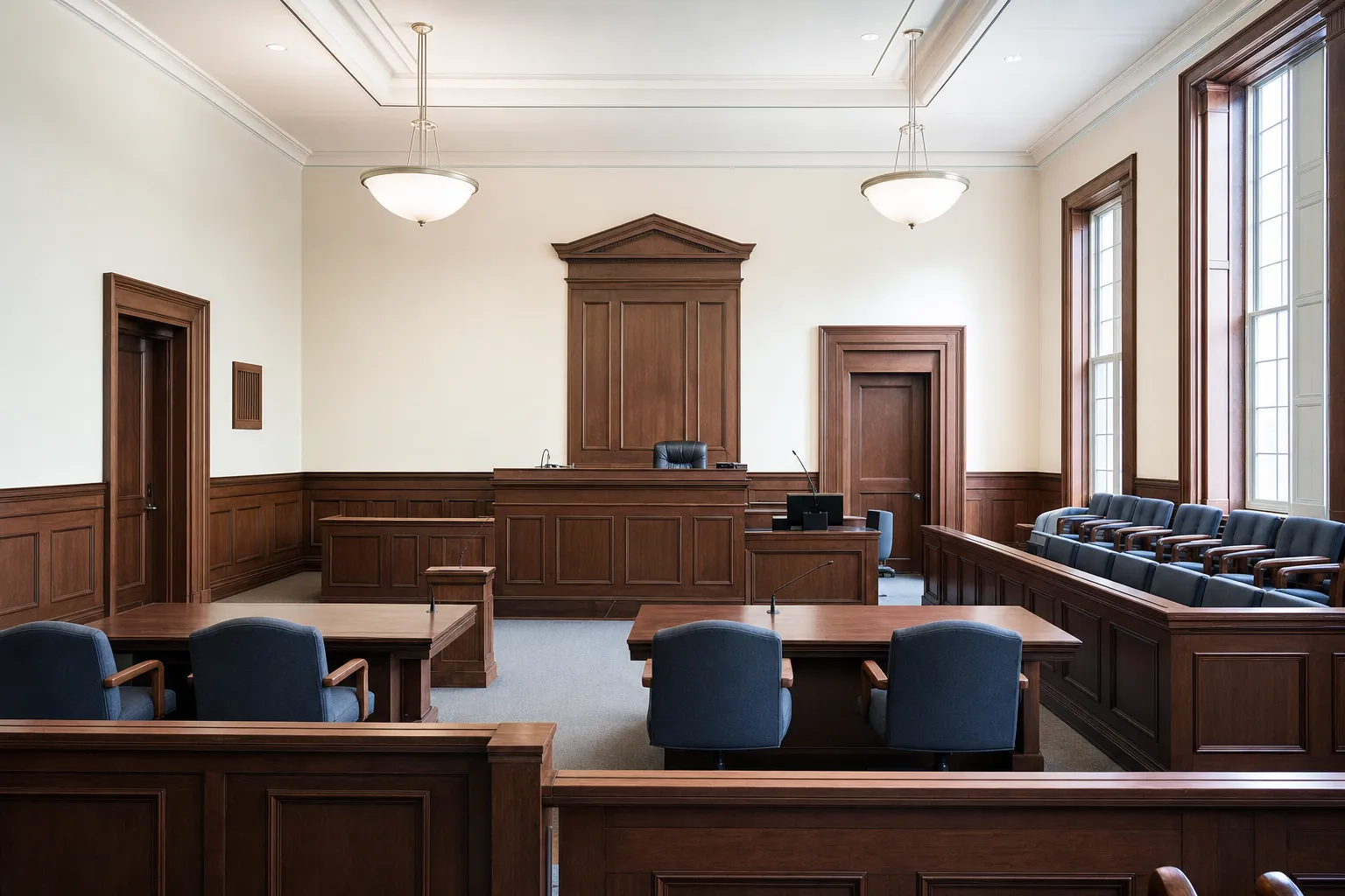 Empty courtroom with judge's bench, clerk's station, counsel tables, and jury box