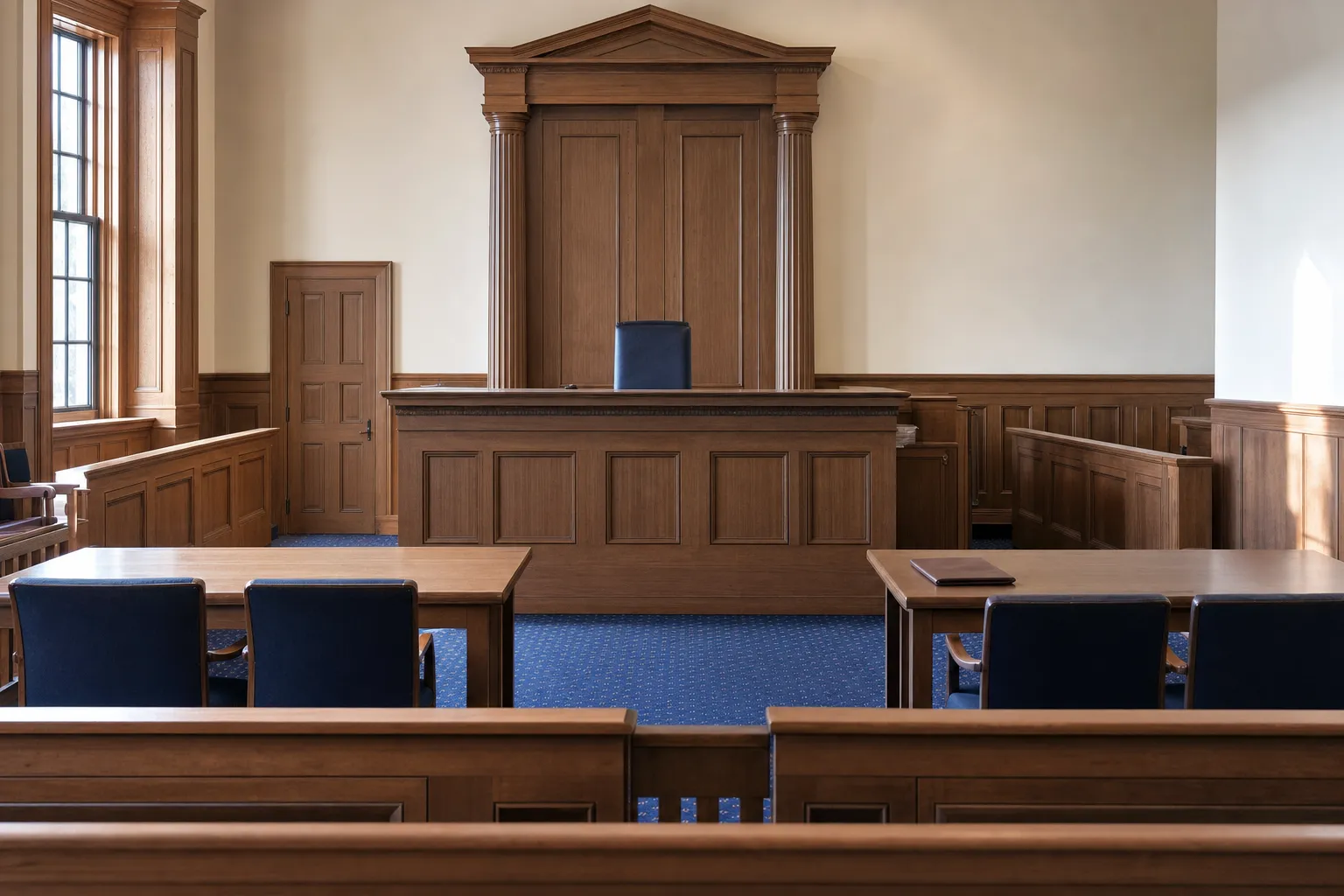 Empty New England courtroom prepared for a formal hearing