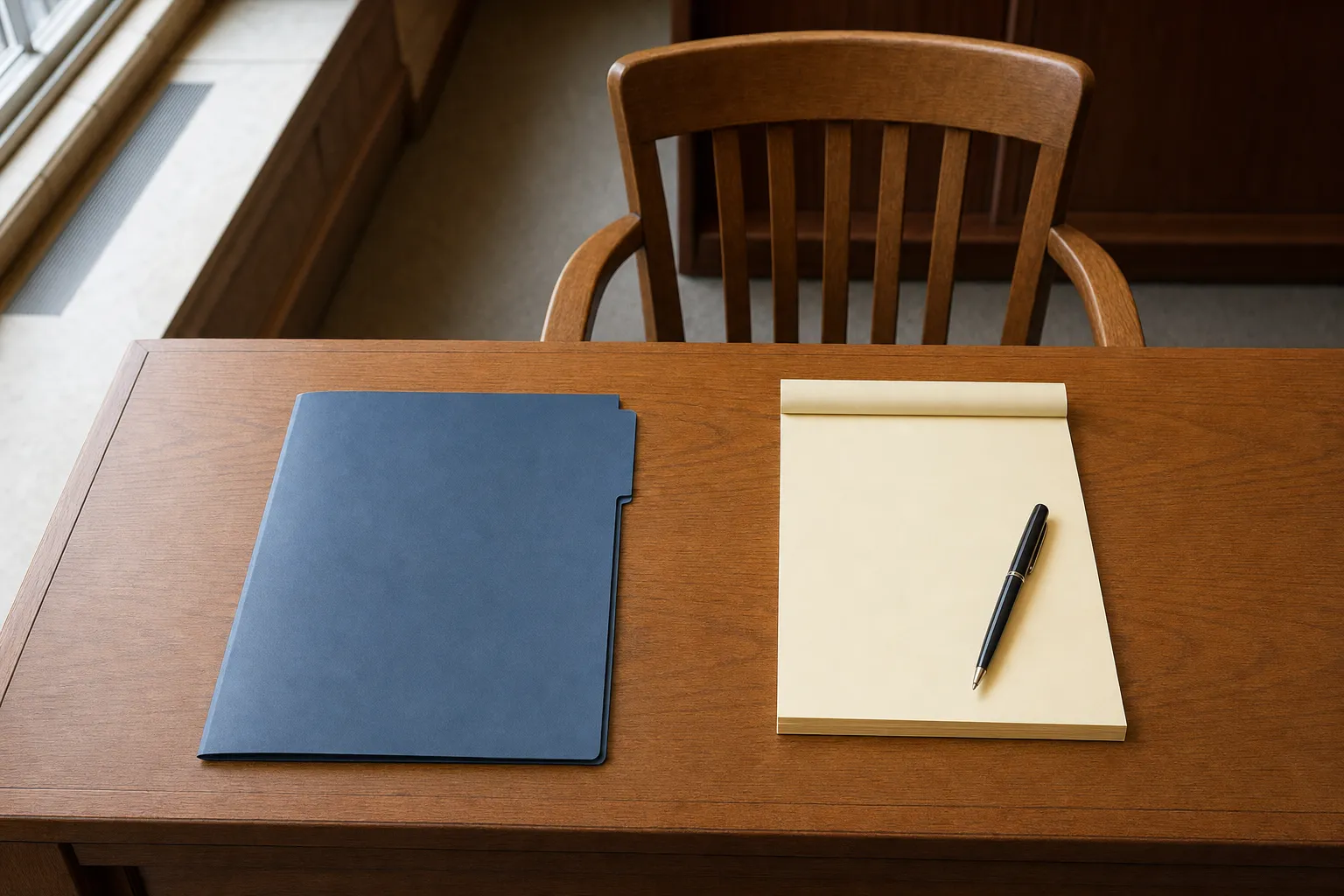 Closed blue case folder, blank legal pad, and pen on a courthouse conference table