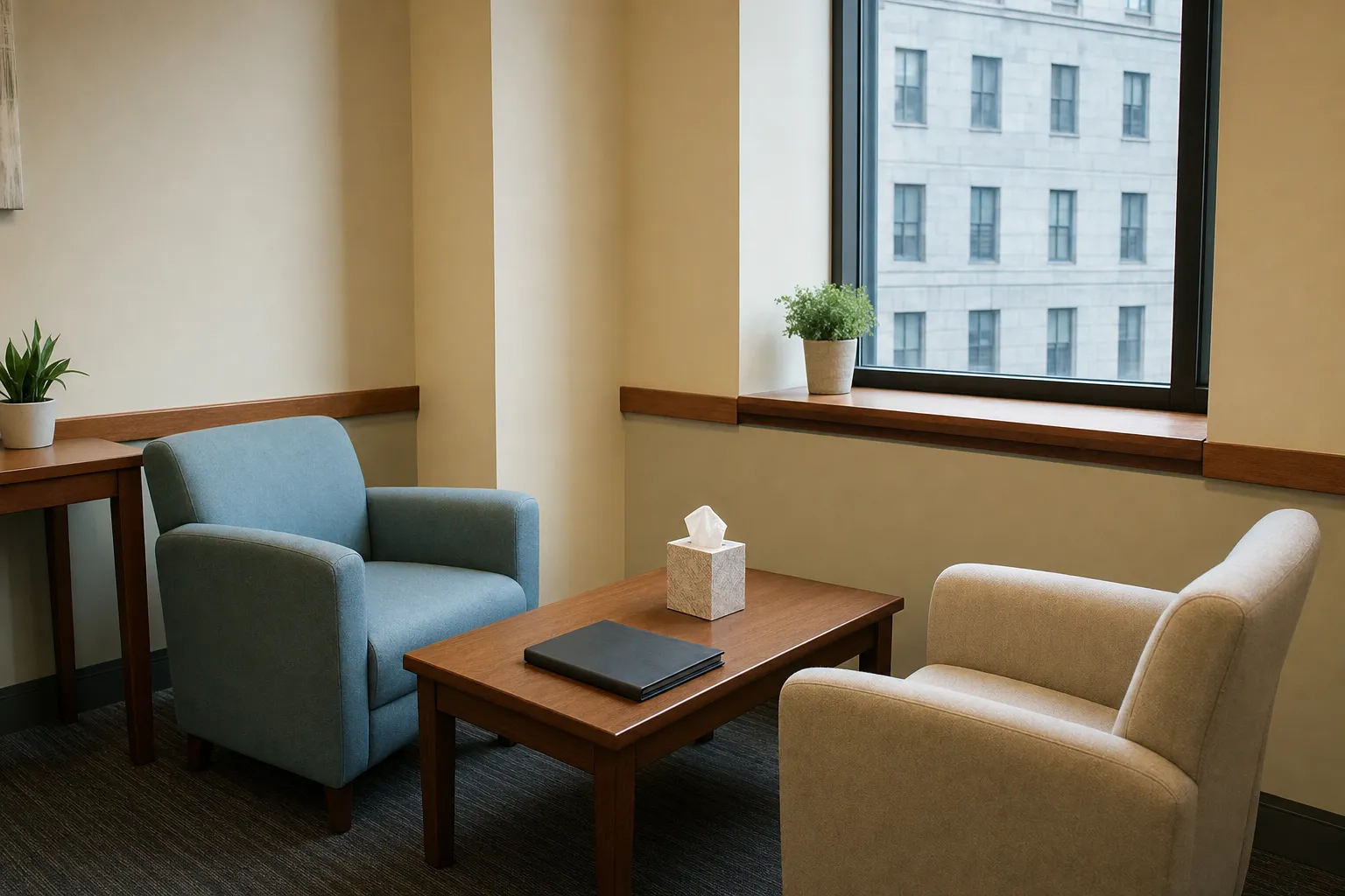 Private courthouse support room with two chairs, a small table, tissues, and an unmarked folder