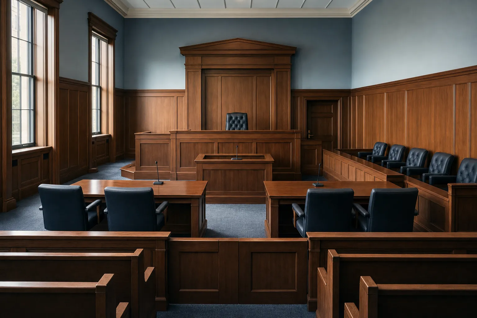 Empty courtroom with counsel tables, jury box, judge’s bench, and daylight through tall windows
