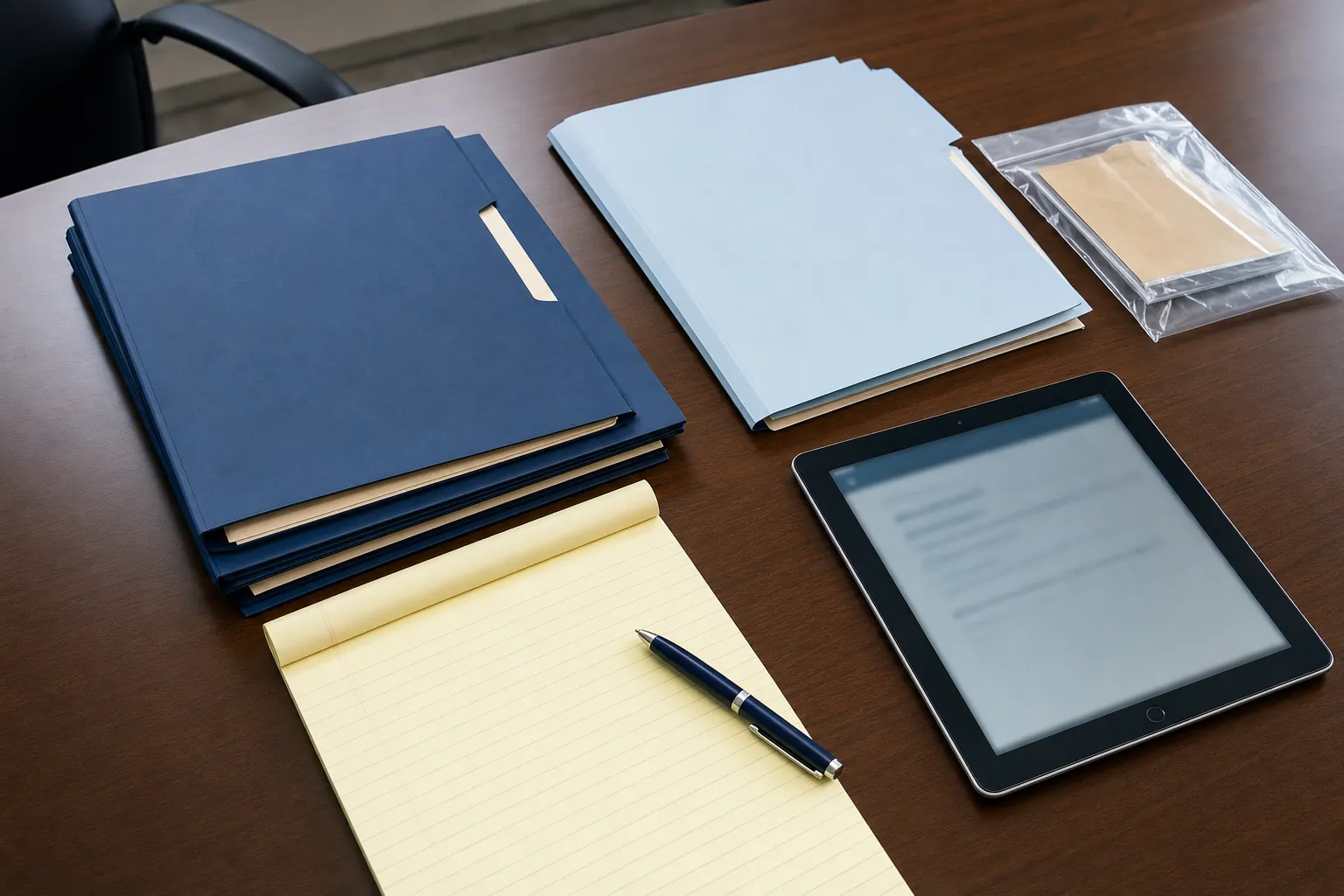 Case folders, a legal pad, an evidence envelope, and a tablet on a courthouse conference table