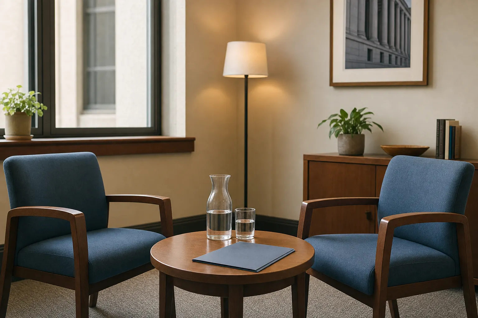 Two blue chairs beside a small table with water and an unmarked folder in a quiet public-service meeting room